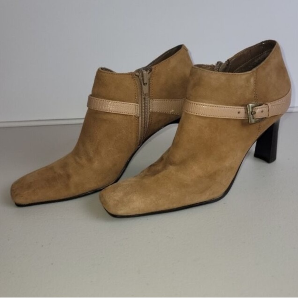 Bandolino Tan/Brown Suede Ankle Booties w/ Leather Buckle Strap & Square Toe
